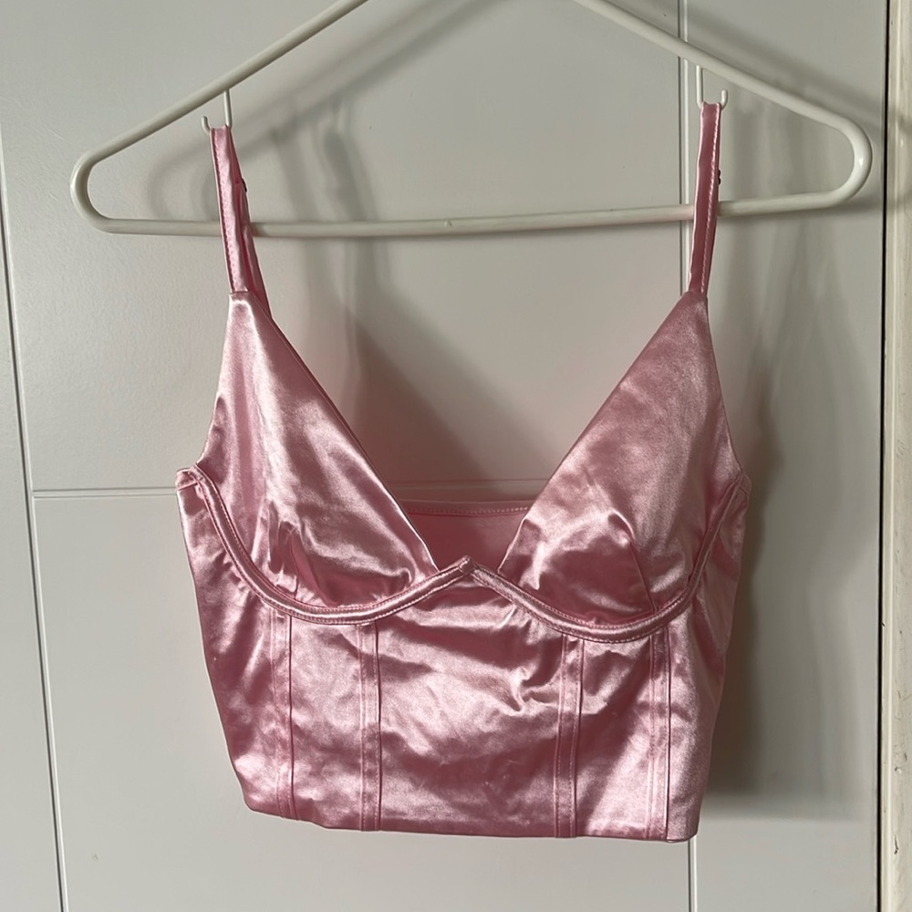 Satin Pink Sexy Corset Detail Top with Adjustable Straps